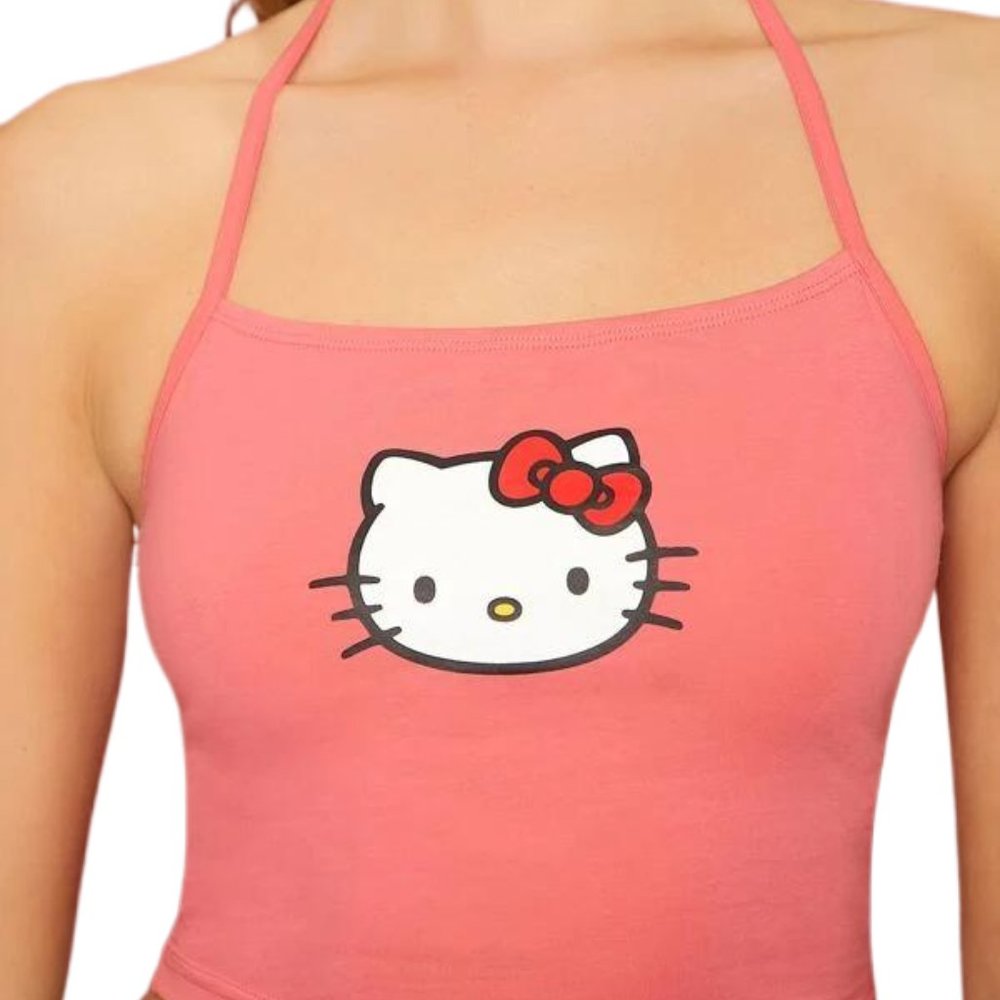 *SOLD* HELLO KITTY Coral Pink Graphic Tie Halter Top, size M - Picture 3 of 3